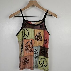 NEW Earthbound Trading Patchwork Hippie Tank Top Sz M Printed Peach Mushroom NWT
